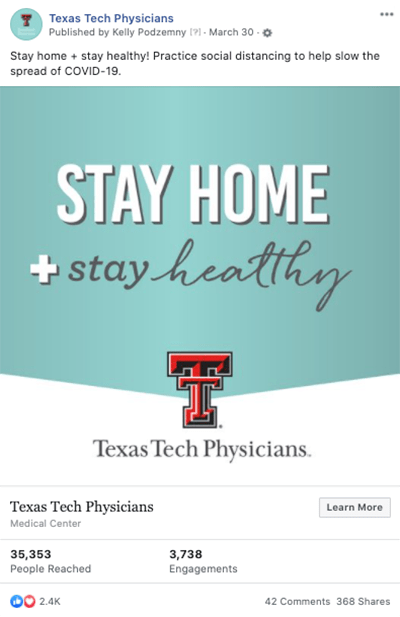 Texas Tech Physicians social media: Stay Home + Stay Healthy