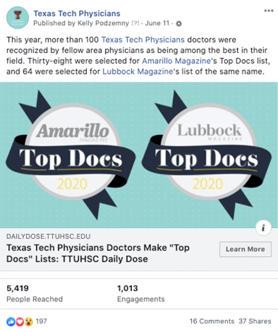 Texas Tech Physicians social media: Top Docs