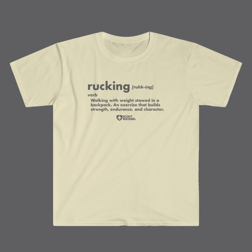 T-shirt with the definition of "rucking" in text and the Scout Rucking logo.